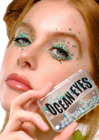 Festival makeup, Rave makeup, Euphoria Makeup, Makeup Artist, Rhinestone Makeup, Makeup Essentials, green blue rhinestones, euphoria inspired makeup, iridescent makeup,  