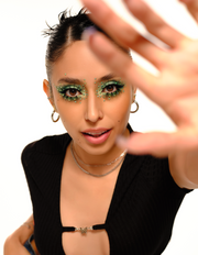 Festival makeup, Rave makeup, Euphoria Makeup, Makeup Artist, Rhinestone Makeup, Makeup Essentials, green blue rhinestones, euphoria inspired makeup, iridescent makeup,  iridescent rhinestones,  iridescent makeup